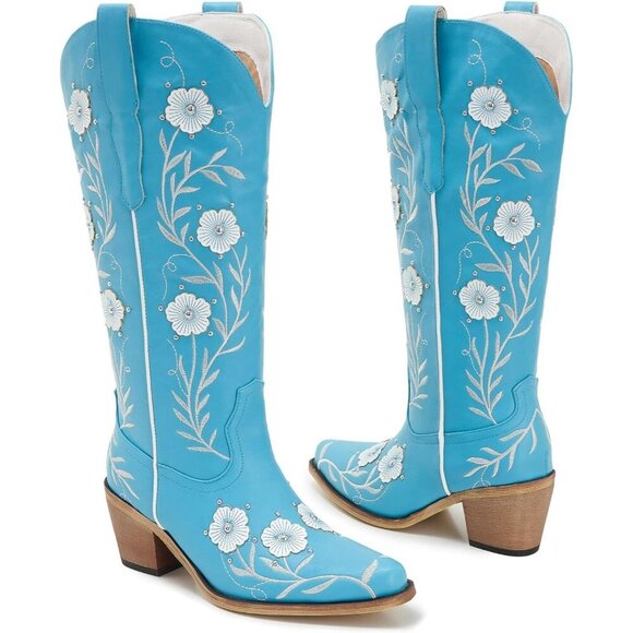 Women’s Turquoise Wide Calf Embroidered Cowgirl Western Knee High Pull On Boots - Picture 4 of 7